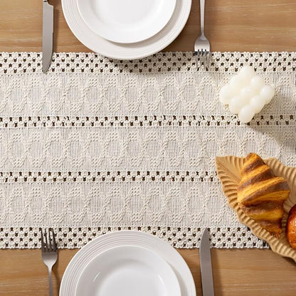 Socomi Boho Table Runner Macrame Long Valentine's Day Farmhouse Woven Cotton Linen Rustic Coffee Table Runner with Tassels for Dresser Scarf Home Decor Dining Room 12x108 inch Beige