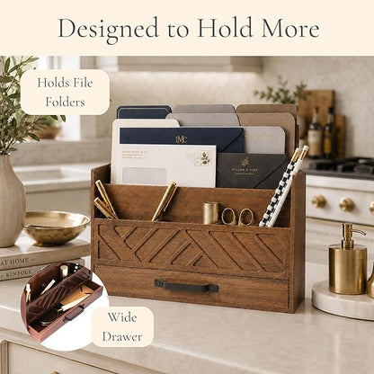 BLU MONACO | Wooden Mail Organizer with Drawer and Compartments | Mail Sorter Organizer Countertop for Desk Entryway | Outgoing Mail Holder Wood Desktop File Storage