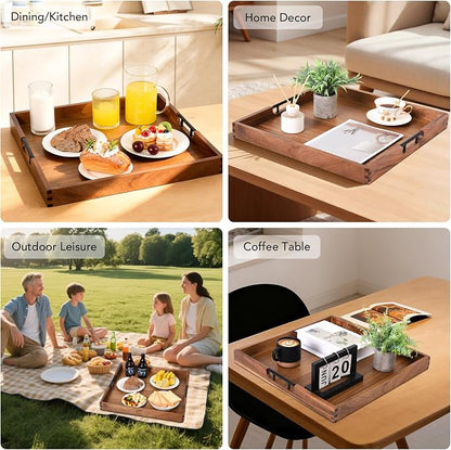 Joy&Grace Ottoman Tray for Living Room, Large Acacia Wooden Serving Tray with Handles for Coffee Table, Breakfast in Bed, Food Dinner, Decorative Tray (Color Natural, 20" x 20" x 2")
