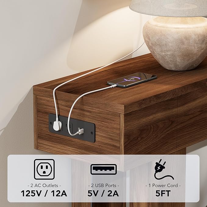 63 Inch Long Console Table w/Outlets & USB Ports, Narrow Rectangular Sofa Table Behind The Couch, Farmhouse Entryway Table for Entrance, Hallway, Living Room(Brown with Outlet)