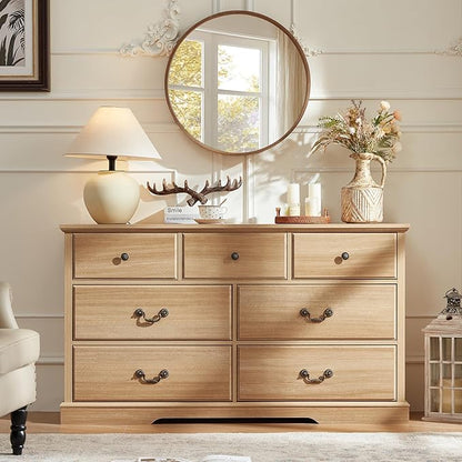 Farmhouse 7 Drawer Dresser for Bedroom, 57" Wide Wood Rustic Chest of Drawers, Farmhouse Chest of Drawers for Bedroom, Wood Drawer Organizer for Bedroom, Hallway, Natural
