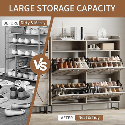 Shoe Cabinet with 4 Flip Drawers, Freestanding Hidden Shoe Storage Organizer for Entryway, Narrow Slim Shoe Rack Cabinet with Open Storage & Hooks for Front Door Entrance, Living Room, Hallway, Grey