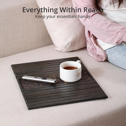 DETOR Couch Arm Tray with Retro Cork Pad, Black-Stained Bamboo Finish, Enhanced Non-Slip Bottom, Sturdy Bamboo Slats, Fits Armrests 4.6" and Wider
