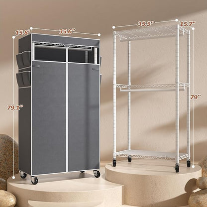 Raybee Rolling Clothes Rack with Cover Clothing Racks for Hanging Clothes Heavy Duty Portable Closet with Wheels Garment Rack 35.5" W*15.7" D*79 "H White