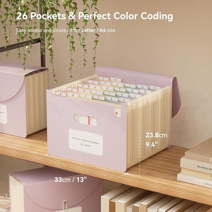Accordion File Organizer, 26 Pockets Wheat Straw Expanding File Folder, Monthly Bill Receipt Organizer, A-Z Tabs, 100% BPA Free, Return to Nature, Healthy Living-Lavender Purple