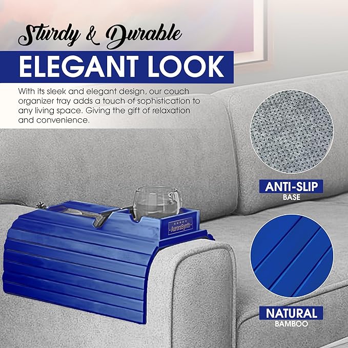 Couch Cup Holder Tray with 2 Cork Coasters, Couch Arm Tray, 2 in 1 Anti-Slip Foldable Sofa Arm Tray, Couch Armrest Table, Anti-Spill Couch Arm Table for Drinks TV Remote Cellphone Snacks (Blue)