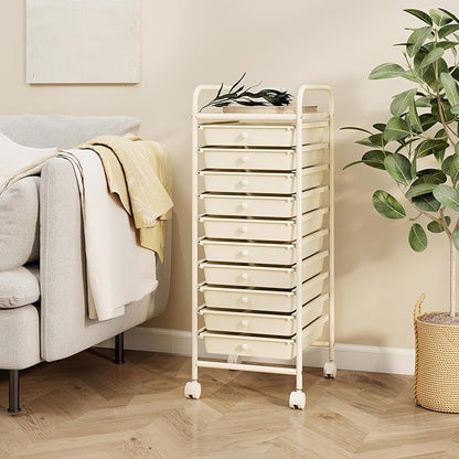 RELAX4LIFE 10 Drawer Rolling Cart - Slim Storage Cart w/Lockable Wheels for Classroom School Teacher Office, Art Supplies Paper Scrapbook Craft Organizers, Utility Cart with Drawers (White)
