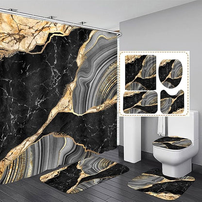 Nkzply 4 Pcs Black Marble Shower Curtain Gold Bathroom Sets with Shower Curtain and Rugs Modern Abstract Grey Shower Curtain Set Bathroom Rug Set Bathroom Decor Accessories with Hooks Toilet Lid Cover