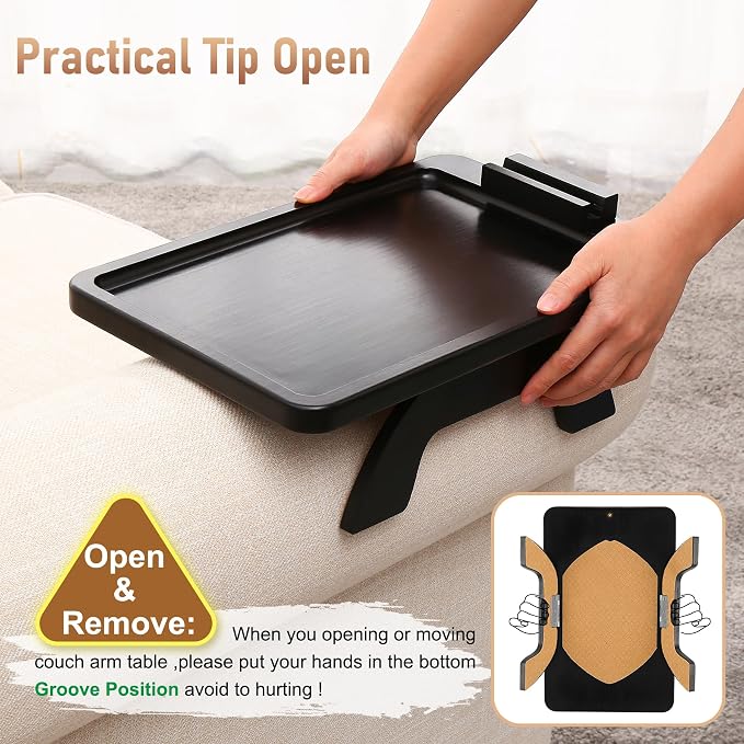 SINWANT Large Couch Armrest Table, 15.75"x 11.8" Bamboo Couch Arm Table with 360° Rotating Phone Holder,Foldable Anti-Slip Sofa Arm Tray for Snacks,Drinks,Remotes on Wide Armrest