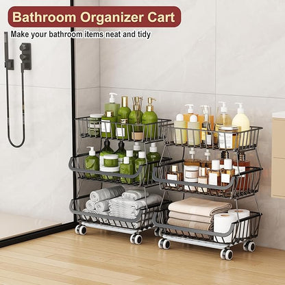 3-Tier Rolling Pantry Cart with Wheels, Stackable Wire Storage Floor Organizer for Kitchen Pantry Snack Shelves, Fruit Basket Stand, Vegetable Storage Rack for Food Snacks Onion Potato