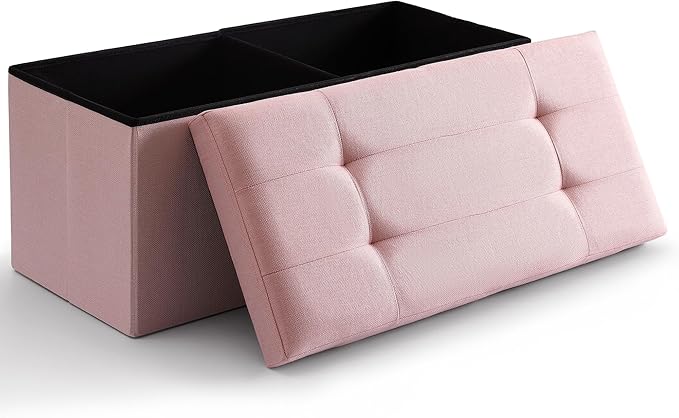CUYOCA Storage Ottoman Bench Foldable Seat Footrest Shoe Bench End of Bed Storage with Flipping Lid, 75L Storage Space, 30 inches Linen Fabric Pink, OT026PK
