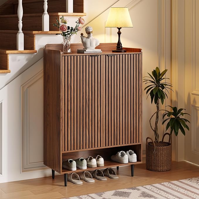 7-Tier Shoe Cabinet with Doors, 21 Pairs Entryway Storage Cabinet, Wooden Shoe Organizer with Adjustable Shelves, Farmhouse Free Standing Shoe Cabinet for Hallway, Living Room (Walnut Brown)