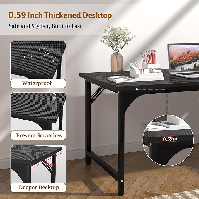 AZN Computer Desk, 47in Computer Desk, Gaming Office Desk w/Carbon Fiber Tabletop, Gaming Office Desk w/Sturdy Metal Frame, Home Office Desks w/Large Legroom for Game Work Study Writing, Black