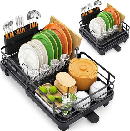 TOOLF Dish Drying Rack, Expandable Dish Racks for Kitchen Counter, Stainless Steel Dish Drainer with Drainboard Set & Cutlery Holder, Rust-Proof, 13.7“-20.5”L x 12.8“W, Black