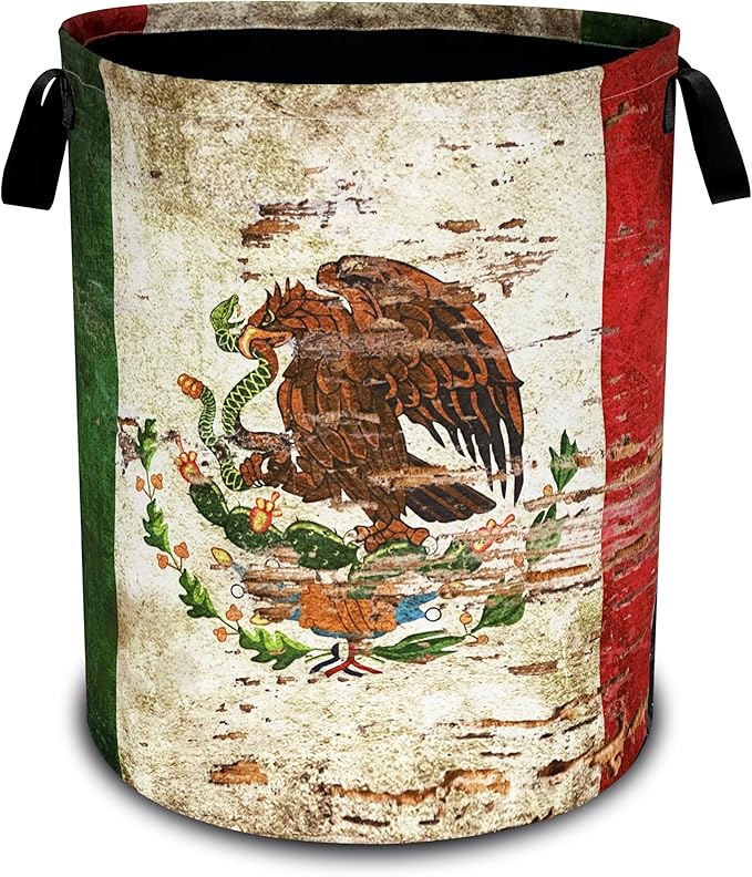 Vintage Mexican Flag Laundry Basket Funny Oxford Cloth Laundry Hamper With Handle Foldable Portable Clothes Storage Basket 18.9 X 16.5 Inch Storage Bag For Laundry Room/Bathroom/Bedroom/Dormitories