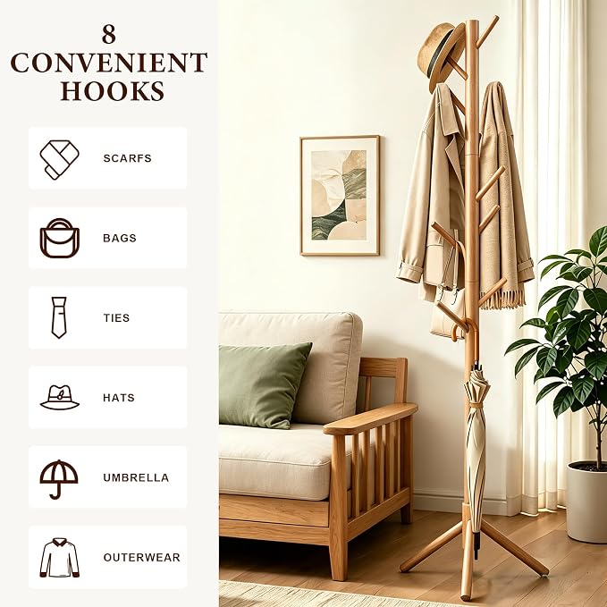 2 PC Wooden Coat Rack Freestanding with 8 Hooks & 3 Adjustable Sizes for Clothes, Space-Saving Design for Bedroom Office Entrance Holds Hats Coats Scarves Bags