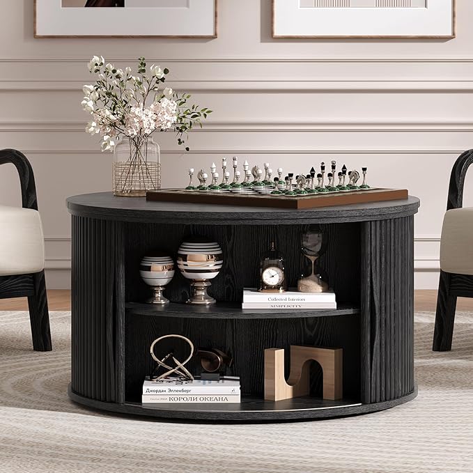 SULIVES Round Coffee Table with Lifting Top, Multifunctional Drum Coffee Table with Sliding Door, Small Fluted Center Table for Living Room, Black