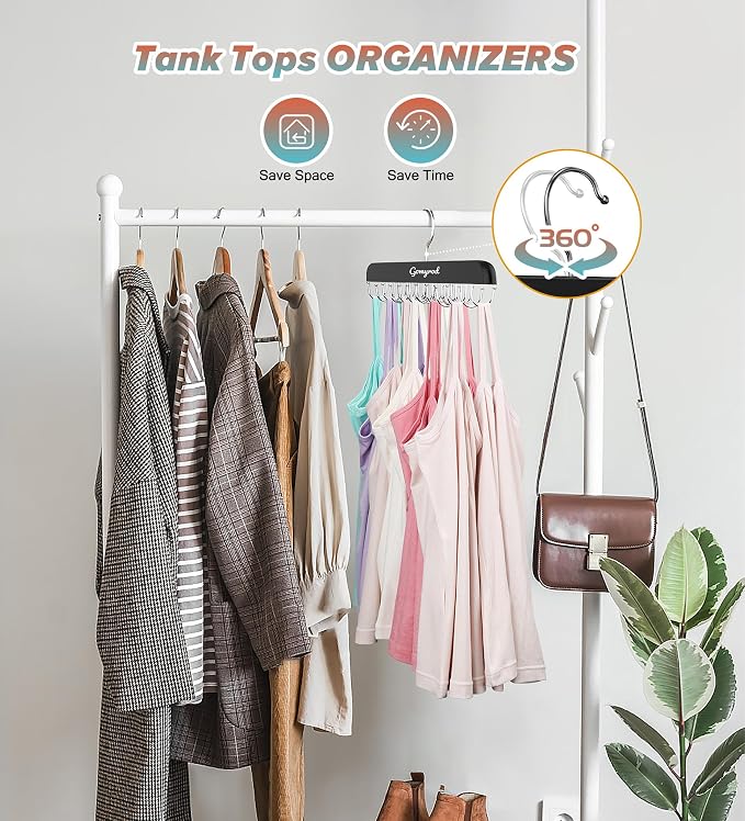 Gomyrod Bra Hanger for Closet, 2 Pack Tank Top Hangers w/20 Hooks Holds 40 Bras, Capacity Foldable Wood Space Saving Hanger, 360°Rotating Closet Organizers and Storage for Dorm & Apartment（Black）
