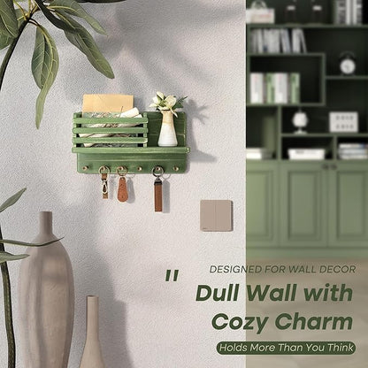 Rebee Vision Pine Wood Key Holder Wall Mount for Room Decor– 6 Hooks for Umbrella & Hats - Wooden Key Holder for Wall with Mail Slot Can Store Letters and Postcard (Green)