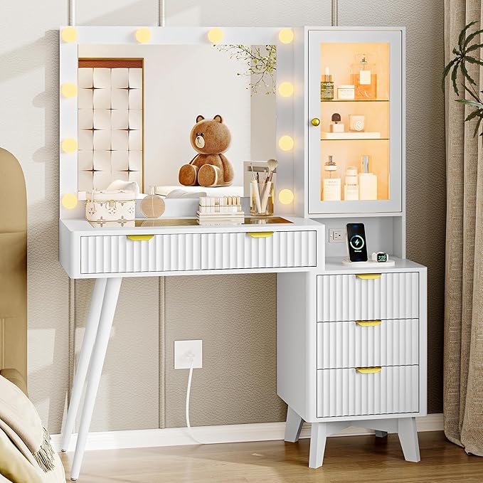 Vanity Desk with Mirror and Lights, 45" Fluted Makeup Vanity Desk with Lights &5 Drawers, Glass Top Vanitys with Lighted Mirror and RGB Cabinet, Dressing Table with Power Outlet for Bedroom, White