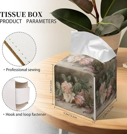 Grace Yonks Retro Tissue Box Cover Square - Vintage Garden Roses Design 5.2" PU Leather Holder for Vanity, Desk, or Bathroom Counter - Cube Case for Facial Tissues. (115)