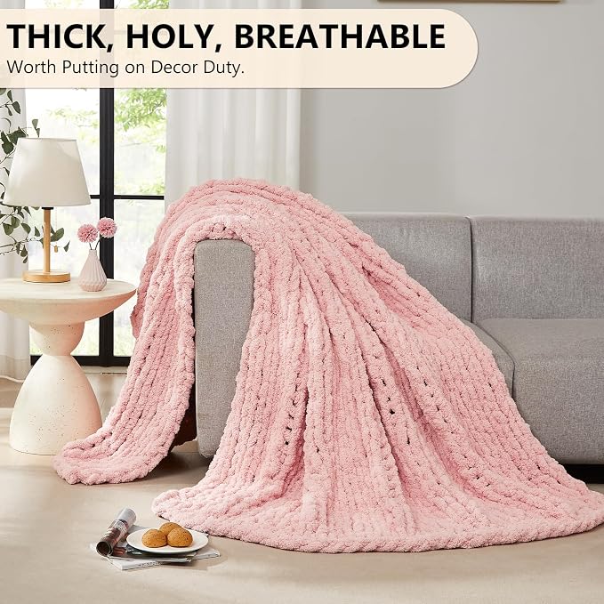 L'AGRATY Chunky Knit Blanket Throw: 80''x90'' Chenille Chunky Knitted Throw Blankets for Bed Couch - Handmade Thick Big Cable Knit Blanket - Large Crochet Rope Blankets for Home Decor(Pink)