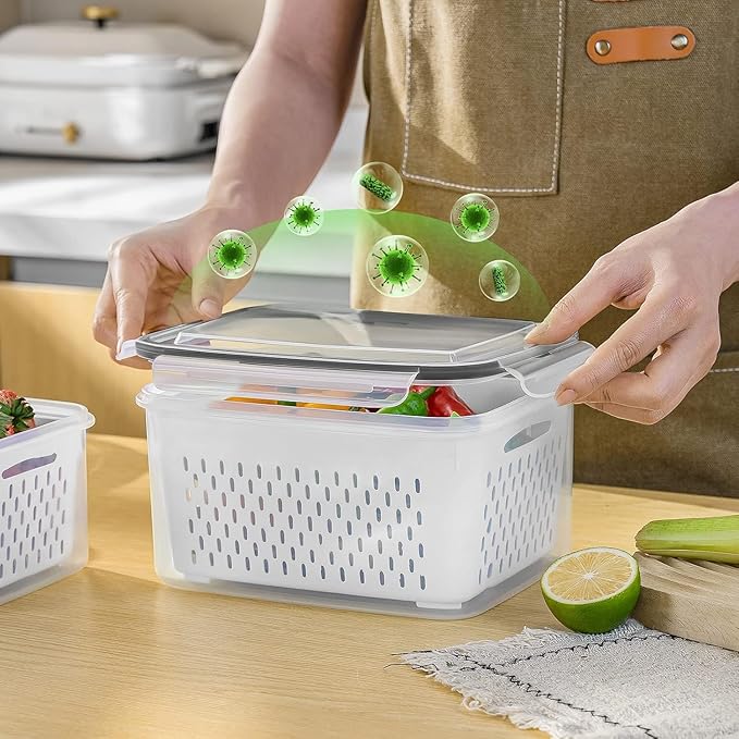 8 PCS Fruit Storage Containers for Fridge, Leakproof Produce Containers for Fridge with Removable Colander, Microwave/Dishwasher Safe Fruit Washing Bowl Keep Fruits, Vegetables, Berry Fresh longer