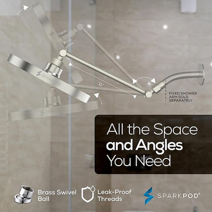 SparkPod Round Rain Shower Head with Shower Head Extension Arm - High Pressure Rain - Luxury Modern Look - No Hassle Tool-less 1-Min Installation (11" Shower Arm Extension, Elegant Brushed Nickel)