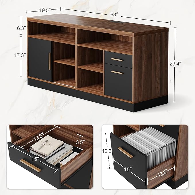 63" Wood Lateral File Cabinet with Lock, Filing Cabinet for Home Office with Adjustable Storage Shelves, Wide Office Credenza, Fits Letter/A4 Size, Black Walnut