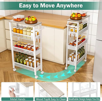 Vivihomety Utility Slim Storage Cart, 4 Tier Small Rolling Kitchen Laundry Room Cart with Wood Top, Metal Bathroom Storage Cabinet Mobile Shelf Unit Organizer Trolley with Handle for Narrow Space