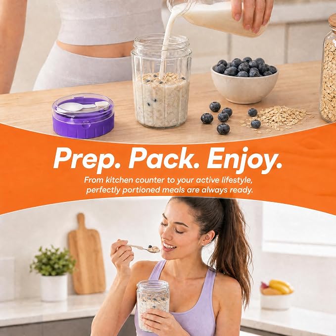 EONJOE Overnight Oats Containers with Lid and Spoon - 16oz Glass Mason Jars for Meal Prep, Yogurt,Pudding- Set of 4