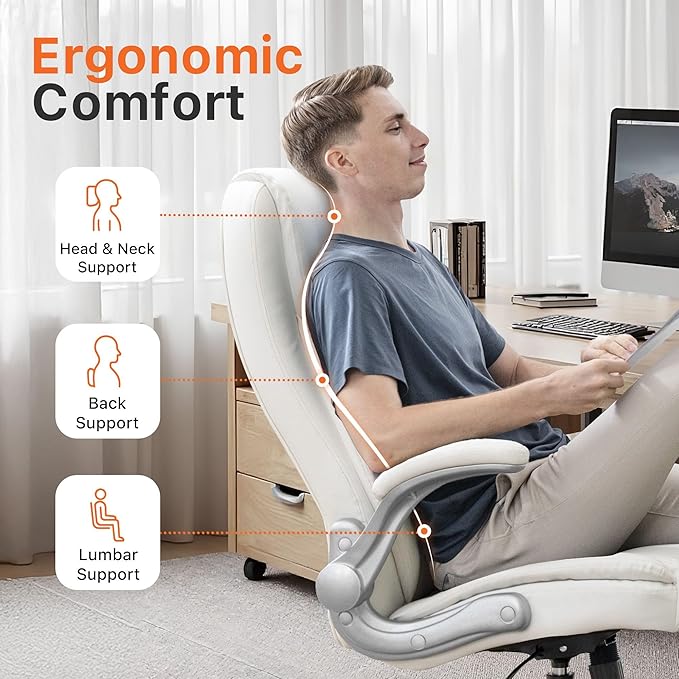 NEO CHAIR Ergonomic Office Desk Gaming Computer Chair Executive High Back Support Flip-up Arms Adjustable Height Swivel Rolling Wheels Comfy PU Leather for Home (White)