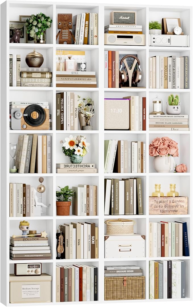FOTOSOK 71'' Tall Bookshelf Set of 2, 7 Tier Large White Bookshelf with Adjustable Shelves, Wide Bookcases and Bookshelf, DVD/CD Media Tower Storage, Cube Book Shelf Display Shelf Cabinet, White