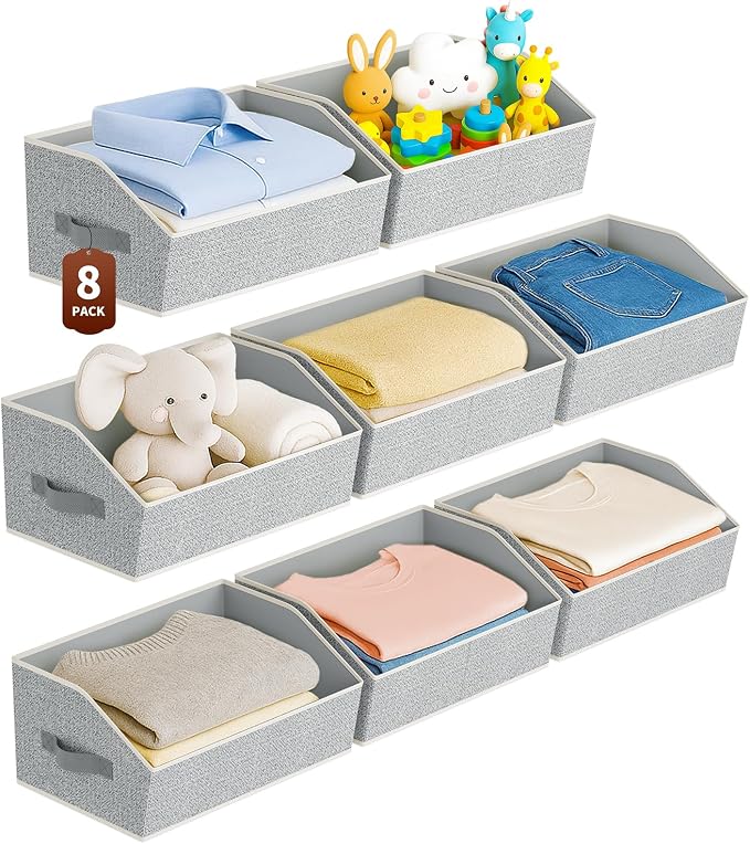 Homsorout Large Closet Organizers and Storage Bins - 8 Pack Trapezoid Storage Baskets for Shelves, Foldable Fabric Baskets with Handles Ideal for Closet, Basket, Wardrobe and Shelf Storage, Light Grey