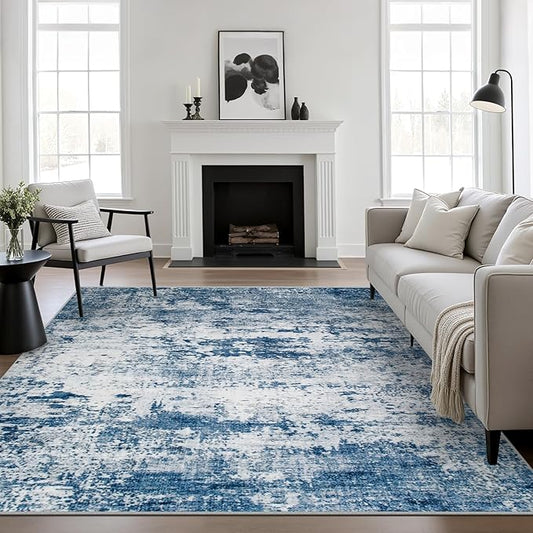 6x6 Area Rug Living Room Rug: Washable Modern Abstract Soft Thin Rug Indoor Floor No Slip Stain Resistant Carpet for Bedroom Dining Room Farmhouse Nursery Home Office - Blue