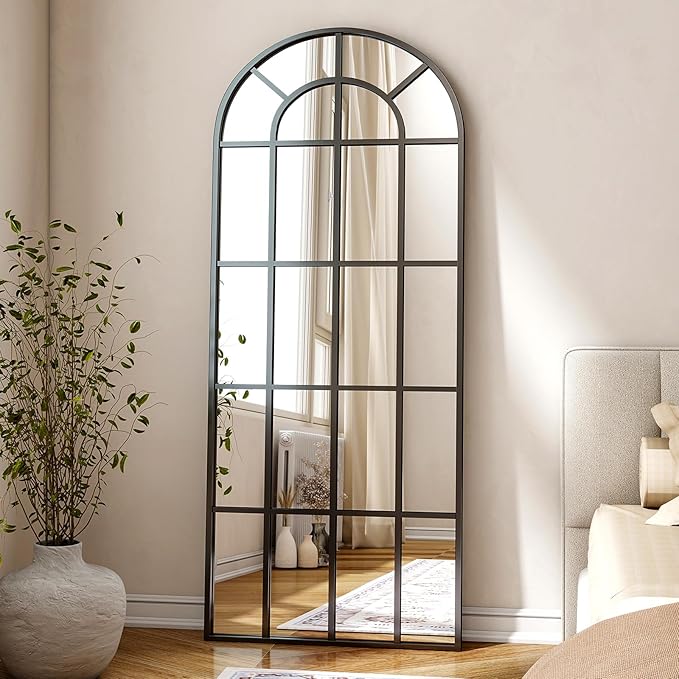 24"×65" Windowpane Arched Full Length Mirror, Grid-Designed Decorative Farmehouse Full Body Floor Mirror with Metal Frame Hanging Leaning for Entryway, Living Room, Home Decor, Black
