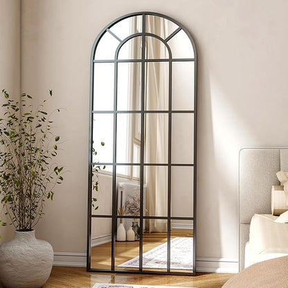 24"×65" Windowpane Arched Full Length Mirror, Grid-Designed Decorative Farmehouse Full Body Floor Mirror with Metal Frame Hanging Leaning for Entryway, Living Room, Home Decor, Black