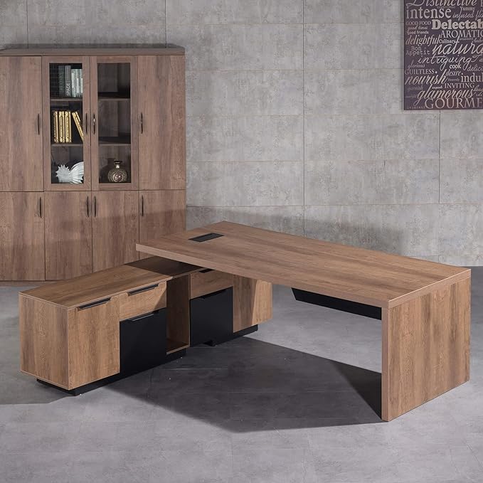 Retractable L-Shaped Executive Desk, Modern Office Desk with Drawers and Lateral File Cabinet, Large Computer Desk with Storage Shelves, Workstation for Home Office (Right Return, 86.6 - 94.5 IN)