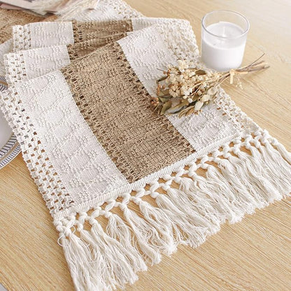 FEXIA Boho Table Runner for Summer Home Decor with Tassels 108 Inches Farmhouse Long Pottery barn Furniture Rustic Macrame Burlap Centerpieces for Tables Decoration for Living Room (12x108 Inches)