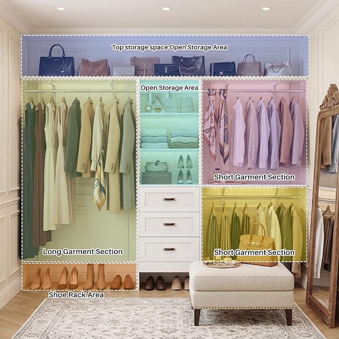8FT Closet System with 3 Curved Drawers, 96'' Wooden Walk-in Closet Organizer with 3 Top Shelves, Adjustable Organizer System with 3 Hanging Rods, Built-in Wardrobe Storage Rack for 4-8 ft, White