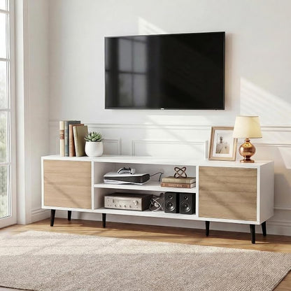 JUMMICO Mid-Century Modern TV Stand for 55-65 Inch TVs, 58 Inch Media Console with Storage, Entertainment Center with Push-Open Cabinets and Cable Management for Living Room(Oak, 58 Inches)