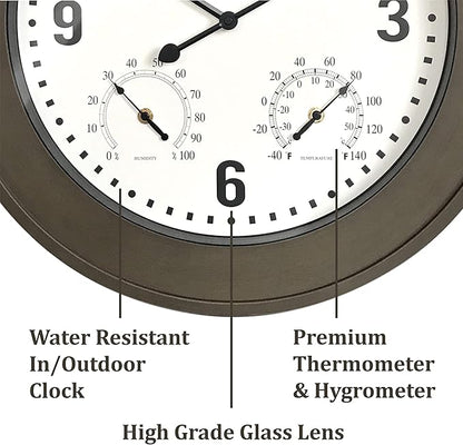 Presentime & Co. 20" Bradford Indoor/Outdoor Farmhouse Clock with Weather Station, Faux Barnwood Finish