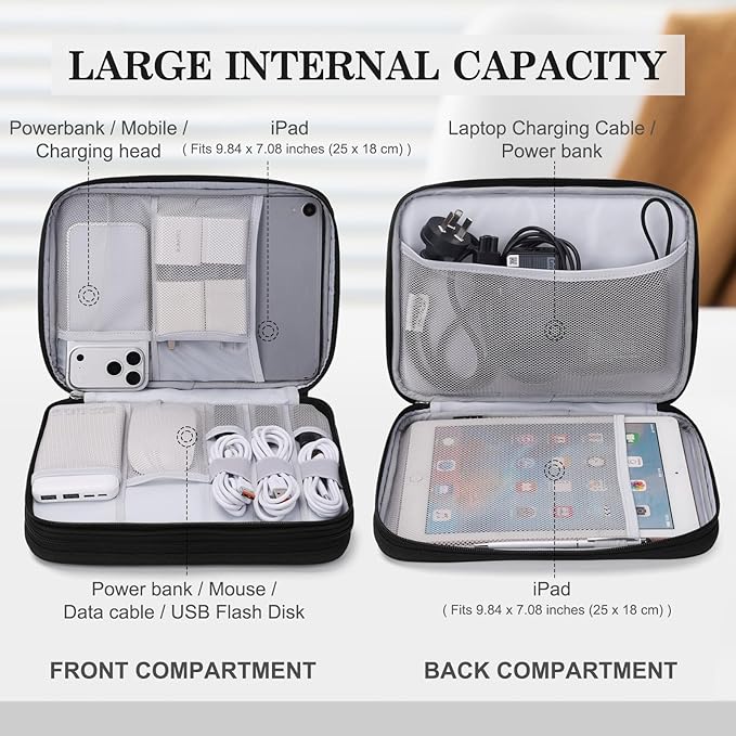FYY Electronic Organizer, Extra Large Travel Cable Organizer Bag Pouch Portable Waterproof Double Layers All-in-One Storage Bag for iPad, Cable, Power Bank, Laptop Charger for Office, Black-Pattern