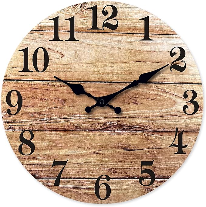XNM 10 Inch Rustic Wall Clock for Bedroom Battery Wall Clock Silent Brown Round Small Clock Wood(No Solid Wood, It is with MDF Material)