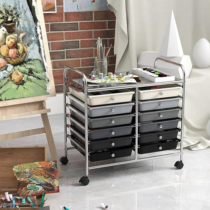 GOFLAME 12-Drawer Rolling Storage Cart, Multifunctional Art Craft Organizer Cart, Mobile Utility Storage Cart with Removable Drawers & Lockable Wheels, Craft Cart for Home Office School, Grey Gradient