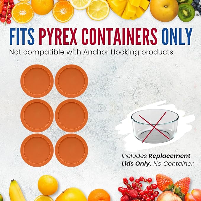 Replacement Lids fits Pyrex 4-Cup Glass Food Storage Container Bowls, 6-Inch Plastic Round Lids Covers for Pyrex 7201-PC, Airtight & Leakproof (6-Pack, Orange)