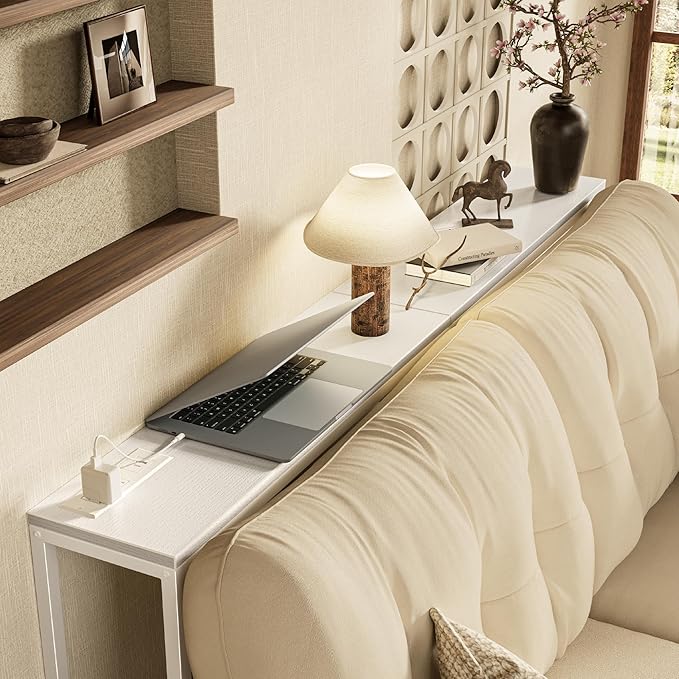 SUPERJARE Console Table with Outlet, 63 Inch Sofa Table with Charging Station, Narrow Entryway Table, Skinny Hallway Table, Behind Couch Table, for Living Room, Plants, White