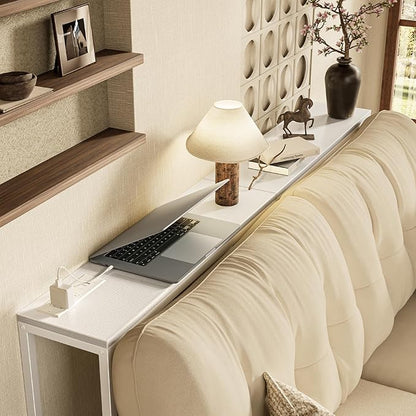 SUPERJARE Console Table with Outlet, 63 Inch Sofa Table with Charging Station, Narrow Entryway Table, Skinny Hallway Table, Behind Couch Table, for Living Room, Plants, White