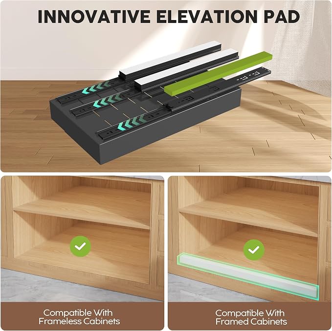 Seinloes 4 Pack Pull Out Cabinet Organizers 21" Deep With Raising Pad for Framed Cabinets, Expandable Width (9"-14") Slide Out Drawers Upgrade 3 Slide Rails, Roll Out Shelves Adhesive, Black
