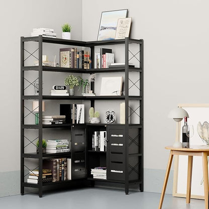 Wildhome 6-Shelf Corner Bookshelf, Vintage Industrial Corner Shelf Etagere Bookcase, Large Book Shelf with Metal Frame Open Storage Corner Cabinet (Black-Lockers)
